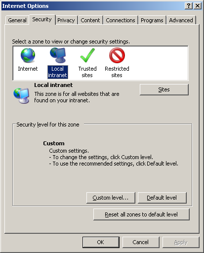 Internet Options Secutiry Tab window