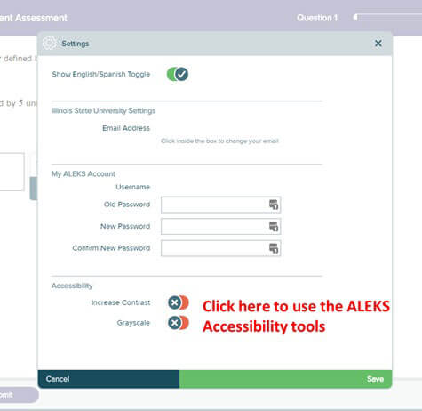 Screenshot of ALEKS accessibility settings.